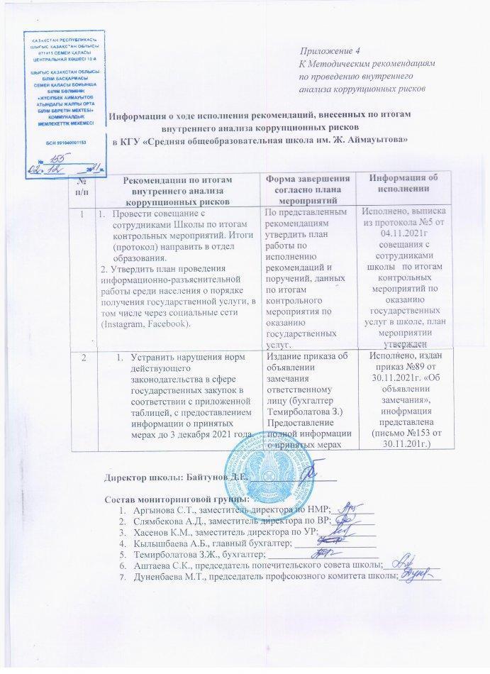 Информация о ходе исполнения рекомендаций